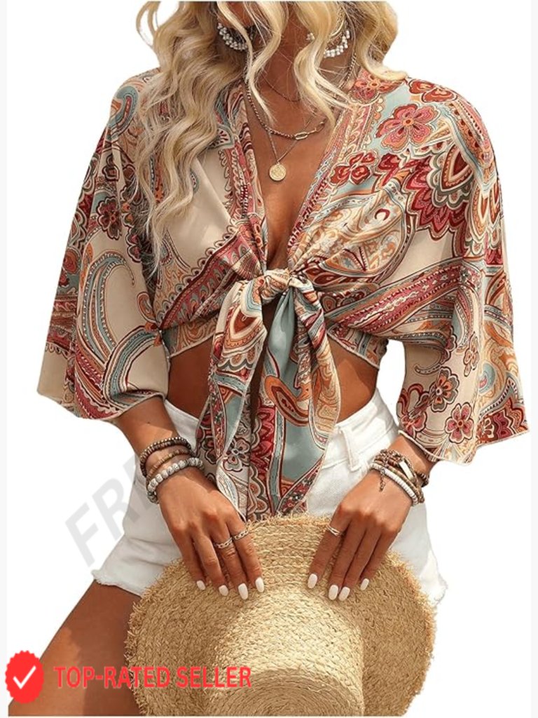 Women Boho Tie Front Crop Top 3/4 Sleeve Paisley Blouse Shirt V Neck